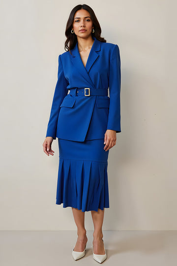 Bleu royal à volants crantés revers 2 pièces femmes costumes avec ceinture